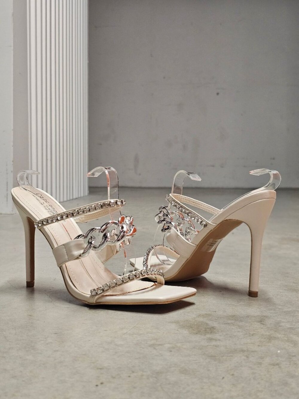 Elegant Rhinestone Chain Strap Stiletto Heels Off White Open Toe Square Toe Desi